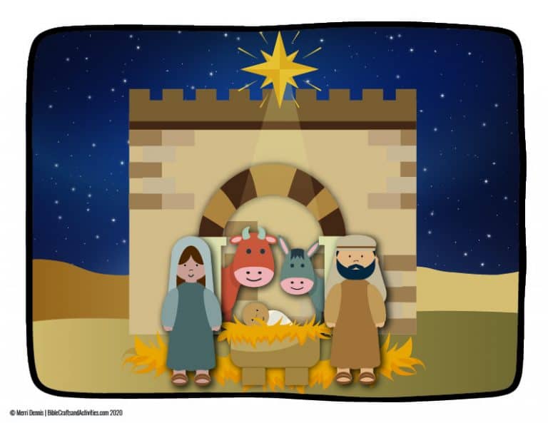 nativity story illustration with mary, joseph, baby jesus, stable, ox, donkey