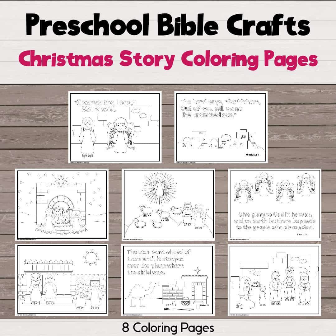 8 different coloring pages about the Christmas story from the Bible