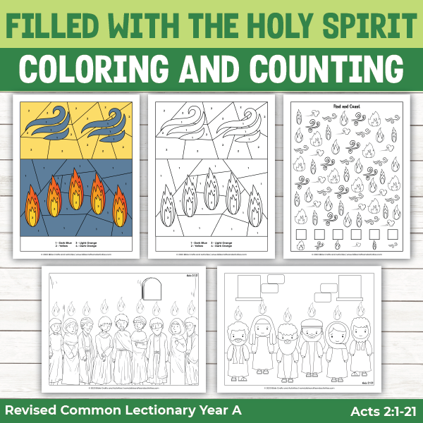 activity pages for the story of Pentecost from Acts 2:1-12 when the believers were filled with the Holy Spirit