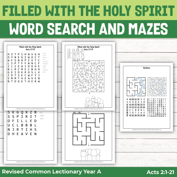 activity pages for the story of Pentecost from Acts 2:1-12 when the believers were filled with the Holy Spirit