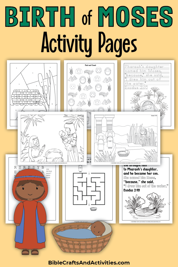 activity pages for the birth of moses - coloring pages, copywork, and puzzles