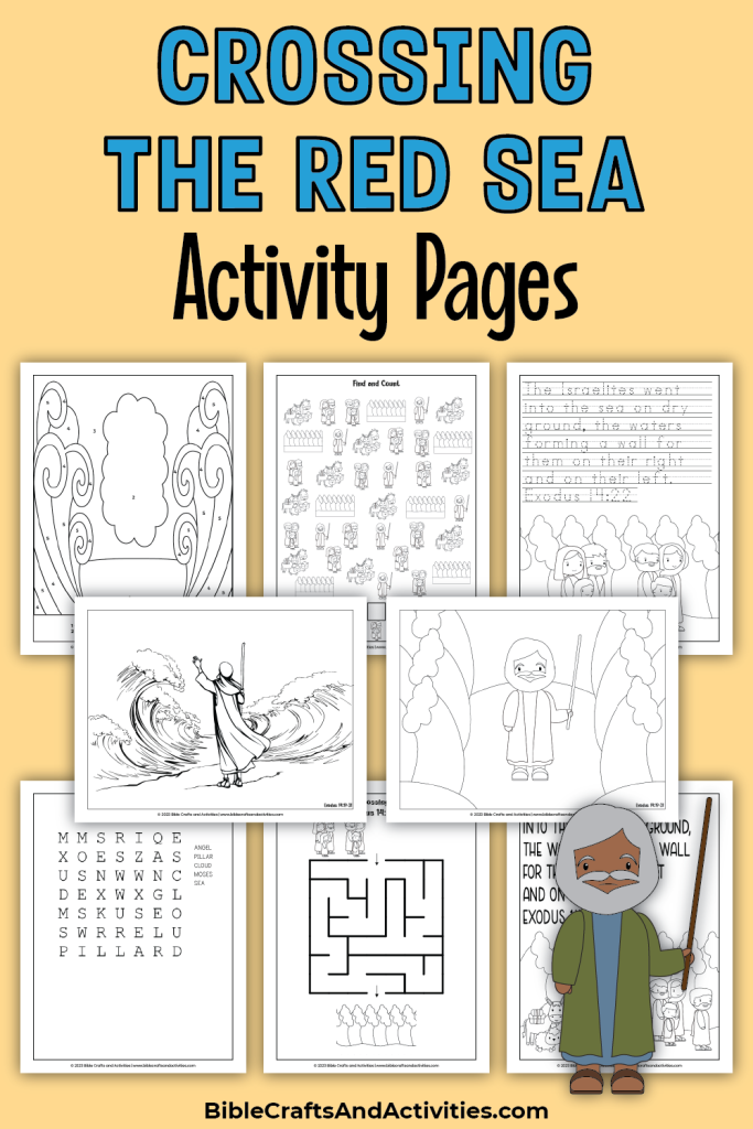 activity pages for crossing the red sea - coloring, copywork, and puzzles