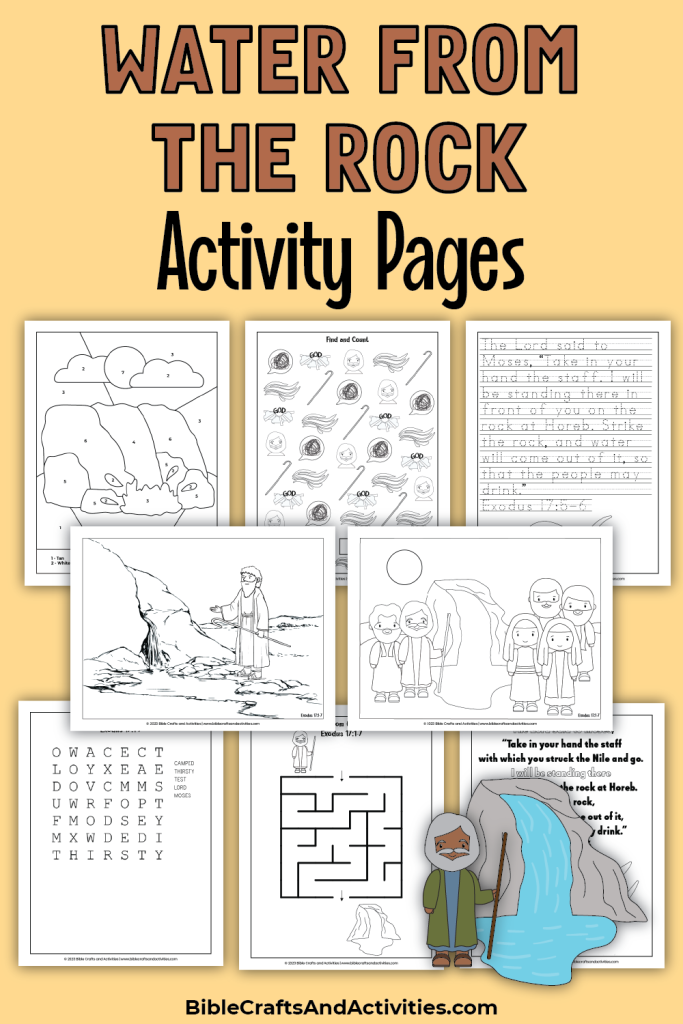 activity pages for water from the rock - coloring, copywork, and puzzles