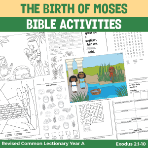 bible activity pages for the birth of moses - coloring, copywork, and puzzles