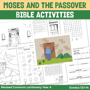 activity pages for lesson about moses and the passover - coloring, copywork, and puzzles