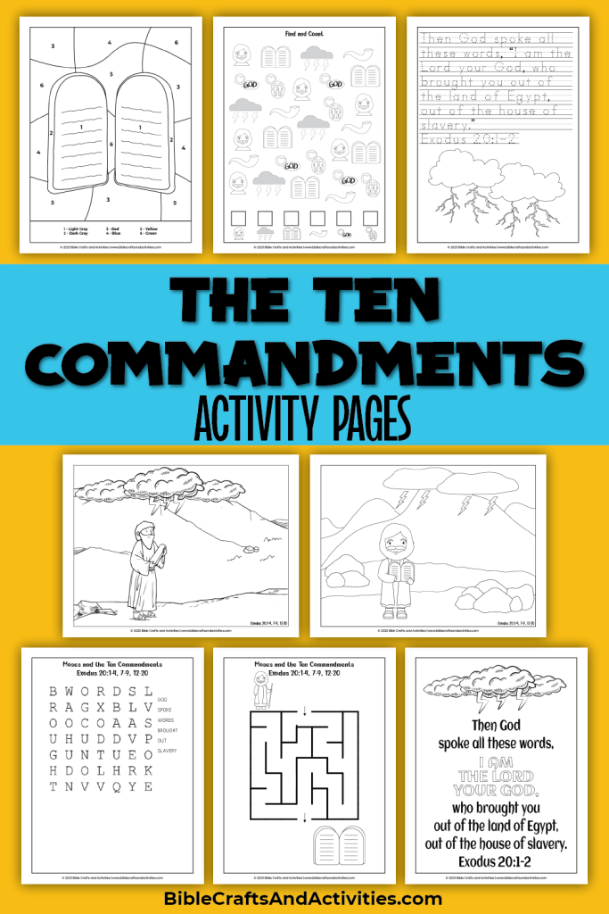 activity pages for Moses and The Ten Commandments including copywork, coloring pages, an I Spy puzzle, a word search puzzle, and a maze.